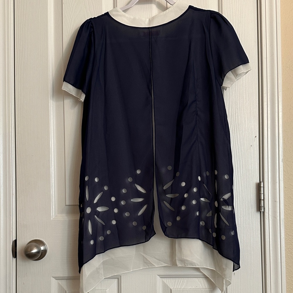 Navy Blue Women's Blouse with White Accents - Picture 3 of 4